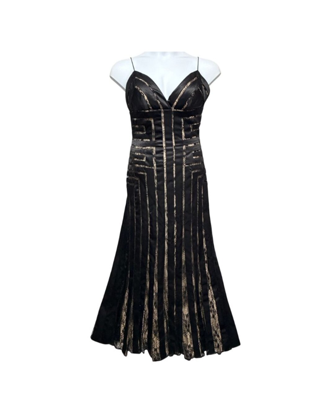Vtg Jovani Black Silk Lace Illusion Panels Evening Gown 10 Art Deco Satin Ribbon